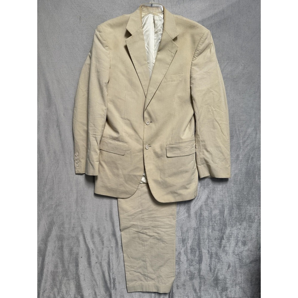 Vintage Tallia Uomo Suit Mens Large Beige 2 Piece Cotton Striped 2 Button 34x30